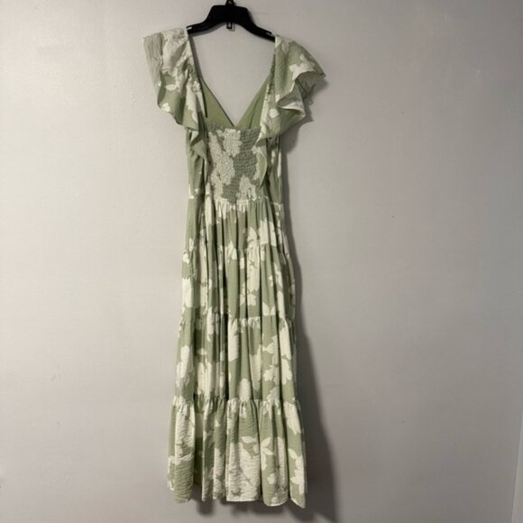 Rachel Zoe Green  White Floral Tiered Shirred Maxi Dress M Ruffle Sleeve V-neck - Picture 3 of 13